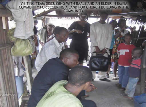 VISITING TEAM DISCUSSING WITH BAALE AND AN ELDER IN EMINA COMMUNITY FOR SECURING A LAND FOR CHURCH BUILDING IN THE COMMUNITY