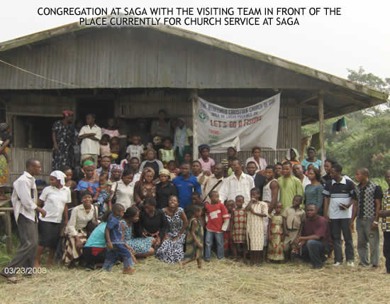 CONGREGATION AT SAGA WITH THE VISITING TEAM IN FRONT OF THE PLACE CURRENTLY FOR CHURCH SERVICE AT SAGA